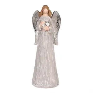 Dekorace Anděl se stříbrnými křídly a srdcem, polyresin, šedá
