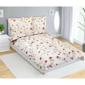 Bellatex Bavlněné povlečení Kvítí béžová, 140 x 200 cm, 70 x 90 cm