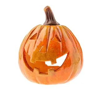 Podzimní keramický svícen Dýně s obličejem, 13 x 16 cm