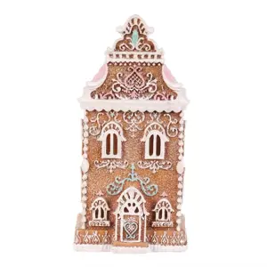 Vánoční dekorace Perníková věžička s růžovou střechou, polyresin, LED, hnědá